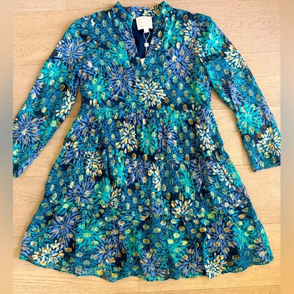 NWT STS Sail to Sable Floral Silk Teal, Blue anf Gold Metallic Dress size Medium - Picture 8 of 10